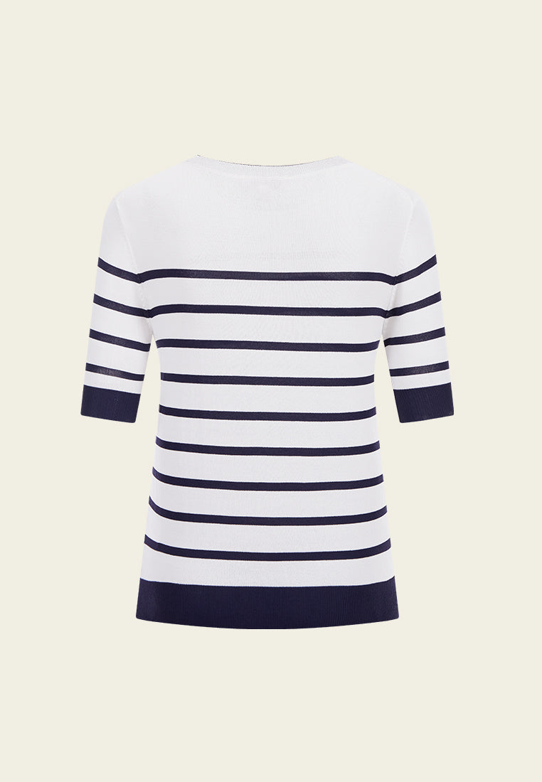 White Embroidered Striped Knit Top