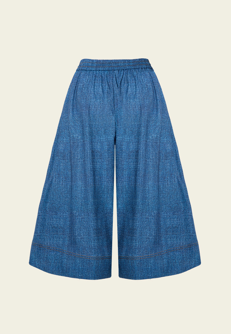 Denim-pattern Drawstring-waistband Wide-leg Trousers