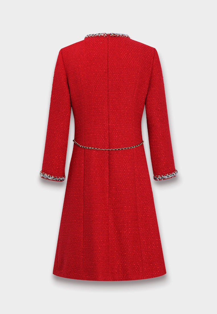 Crimson Medallion Pleated Tweed Dress