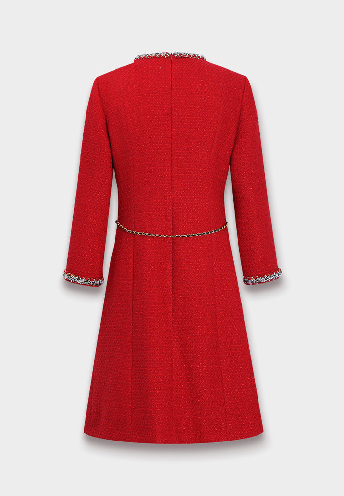 Crimson Medallion Pleated Tweed Dress