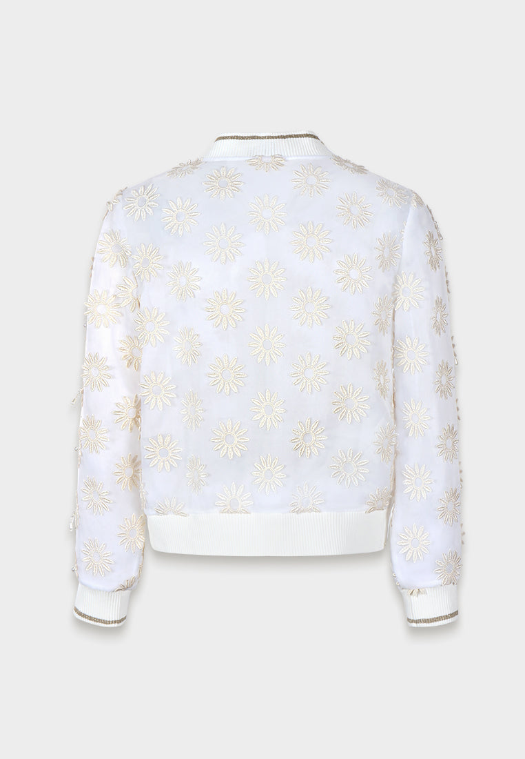 Ivory Daisy Sheer Pearl Bomber Jacket