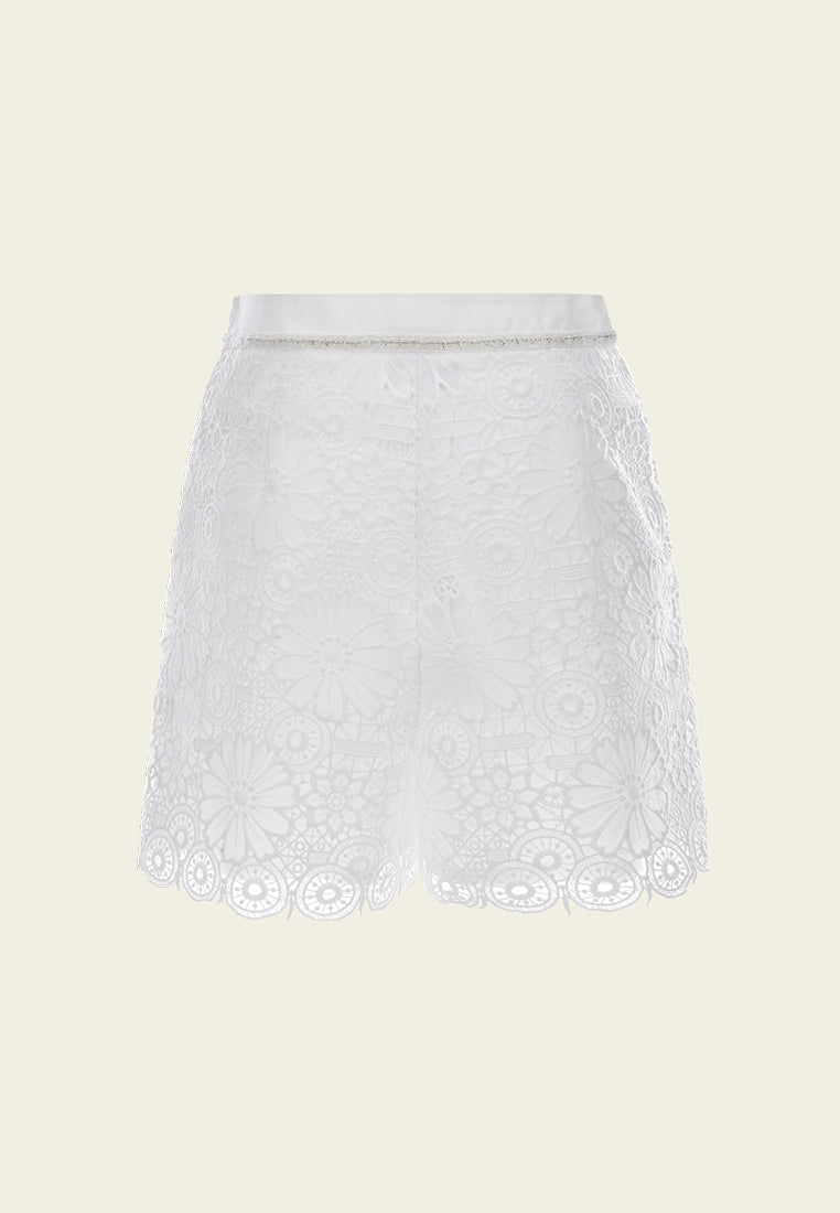White Lace Pleated Shorts