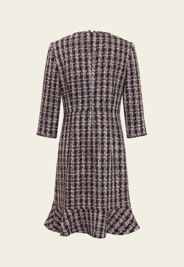 Checked Fishtail-hem Tweed Midi Dress