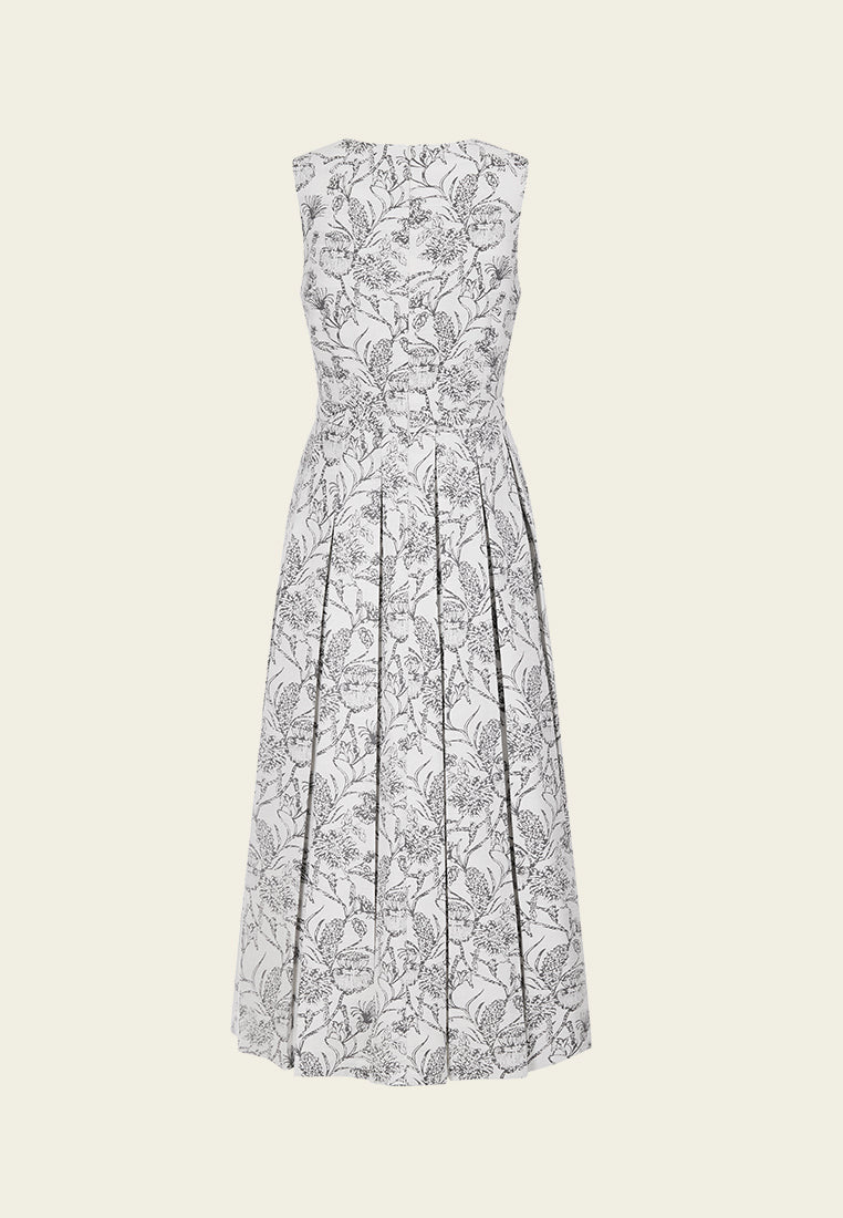 Pleated-detail Floral Jacquard Sleeveless Dress