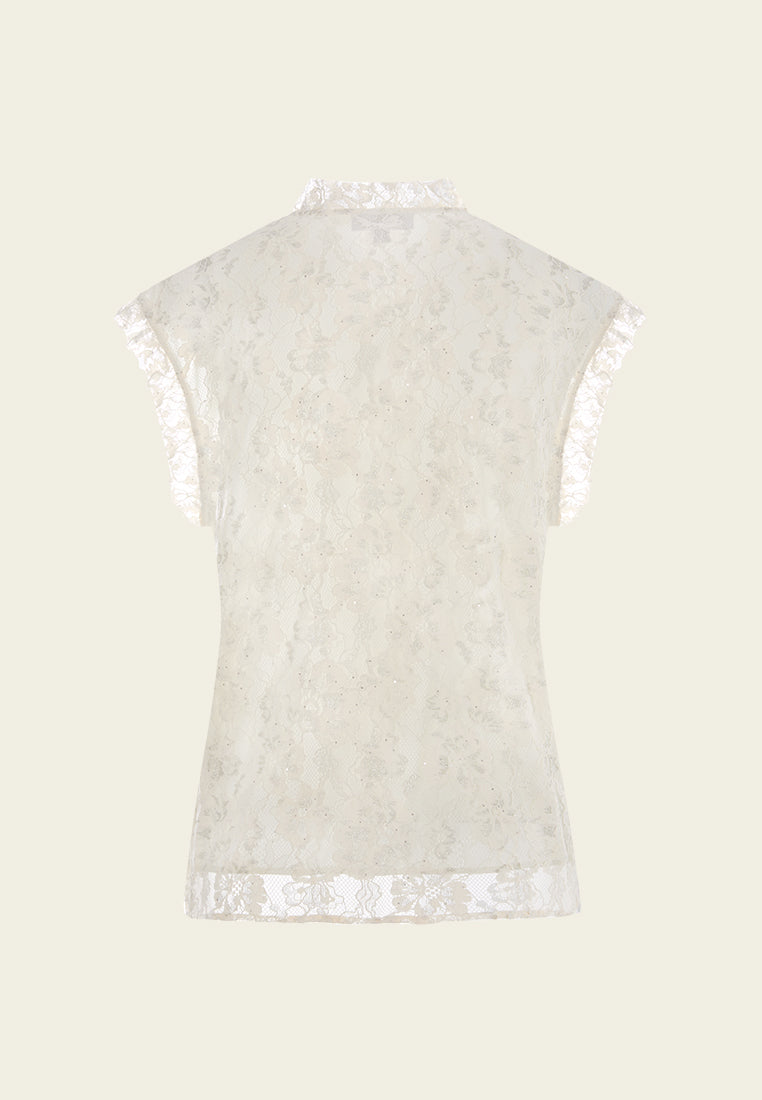 Ruffle-trim Panelled Cap-sleeve Lace Blouse