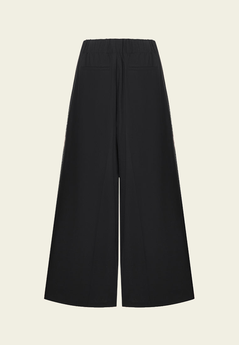 Wide-leg Flared Pleated-detail Faux Leather-trimmed Trousers