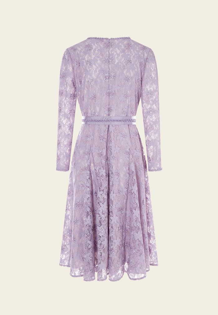 Lilac Tie-belted Lace Dress