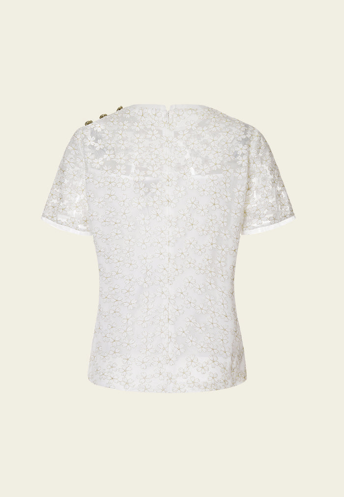 Shoulder-buttoned Sakura-embroidered Mesh Top