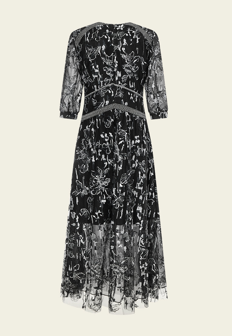 Black Sheer Floral Embroidery Dress