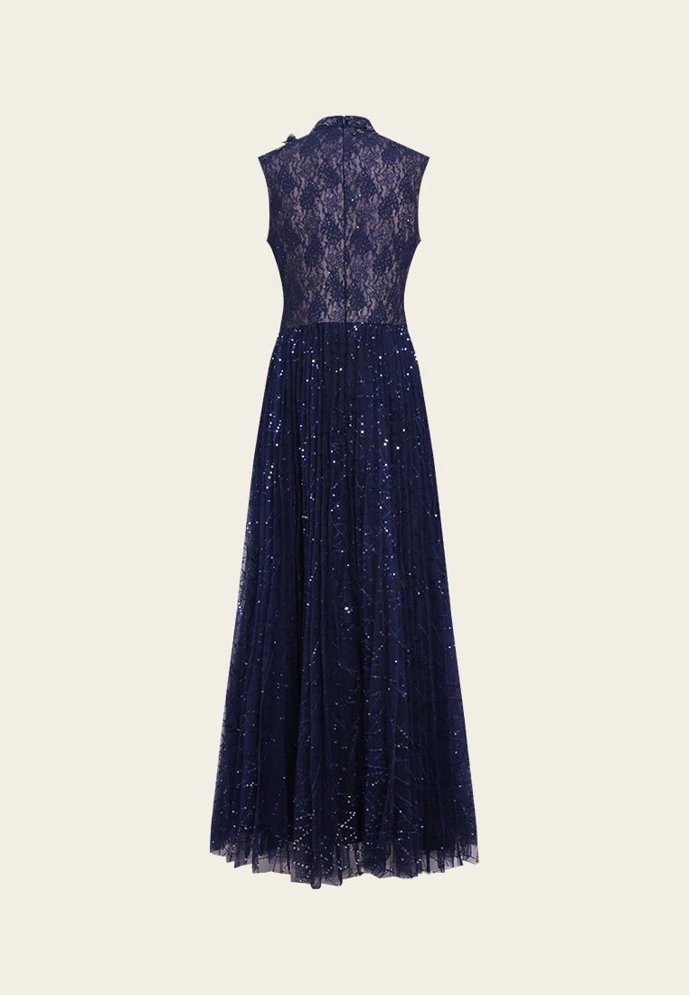 Appliqué Pleated-detail Lace Maxi Dress