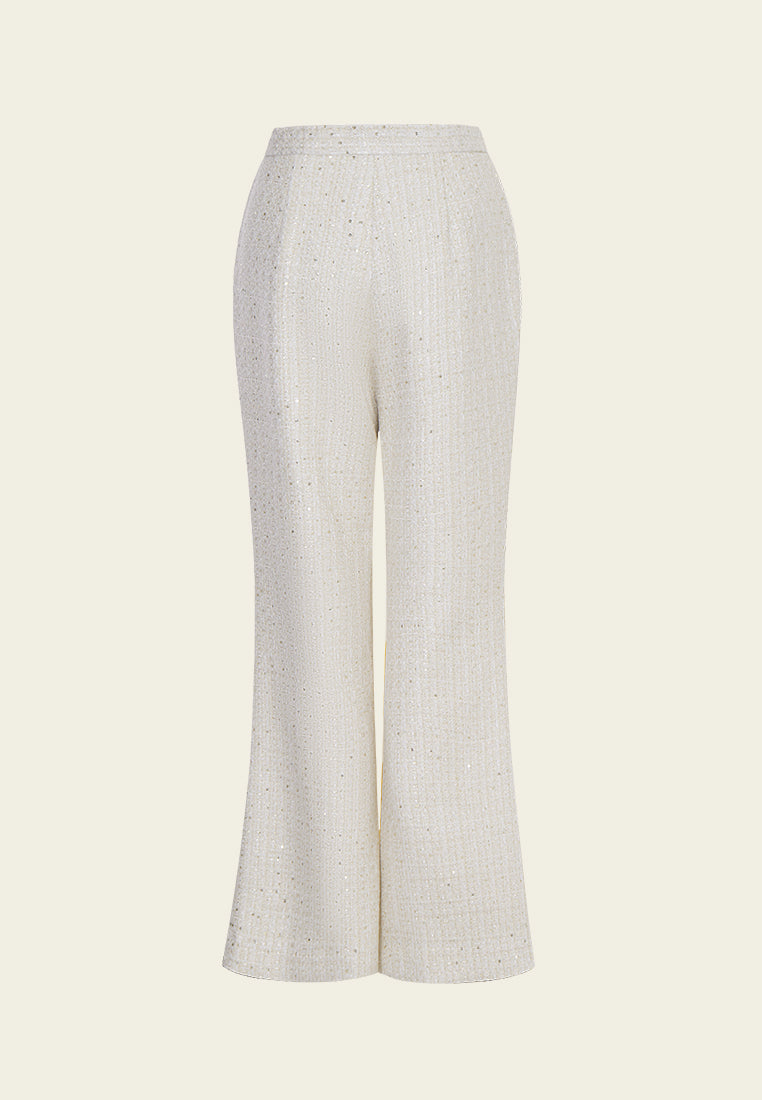 High-waist Flared Slim-fit Cream White Floral-detail Trousers