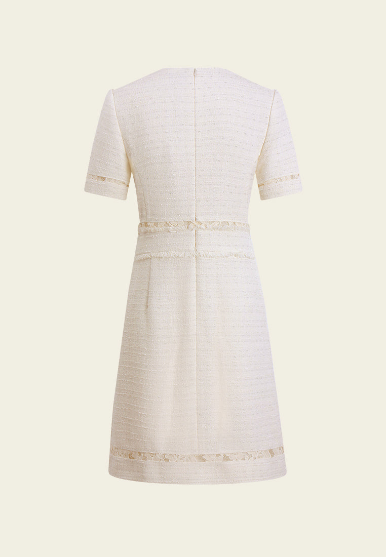 Lace-Trim Tweed Dress with Velvet Bow