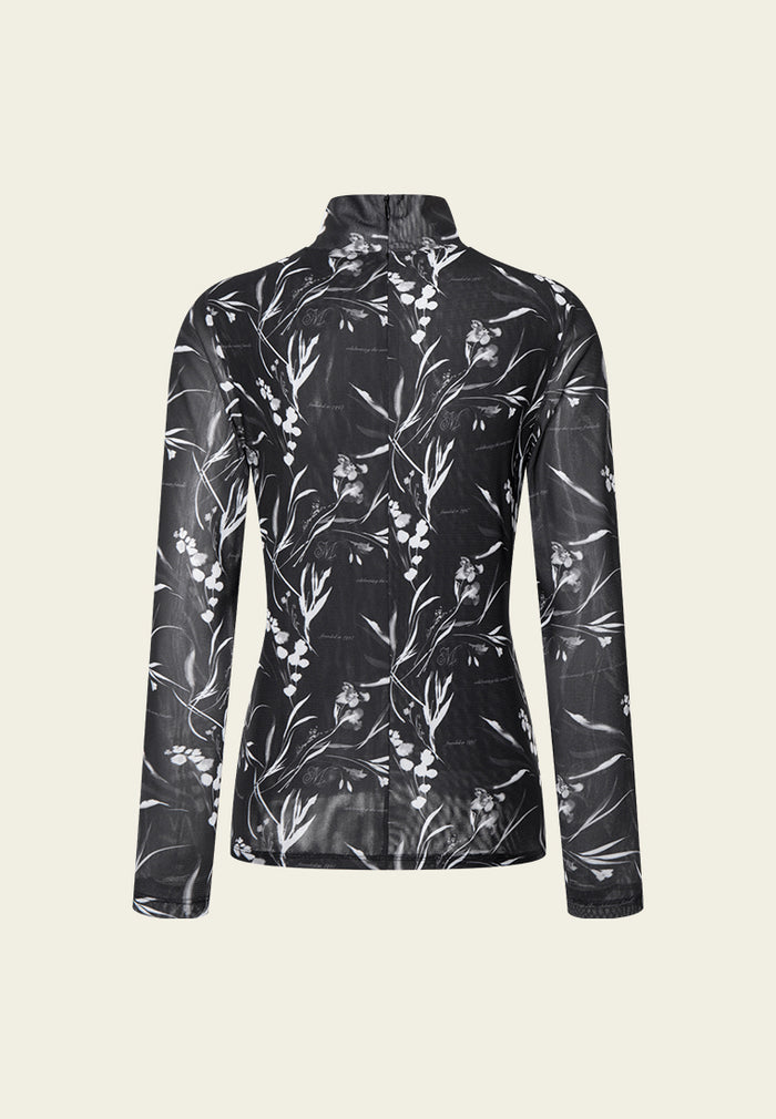 Floral Motif Stand-collar Mesh Shirt