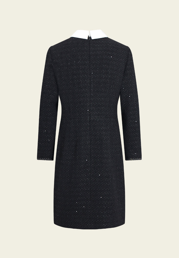 Contrast Collar Button Tweed Dress