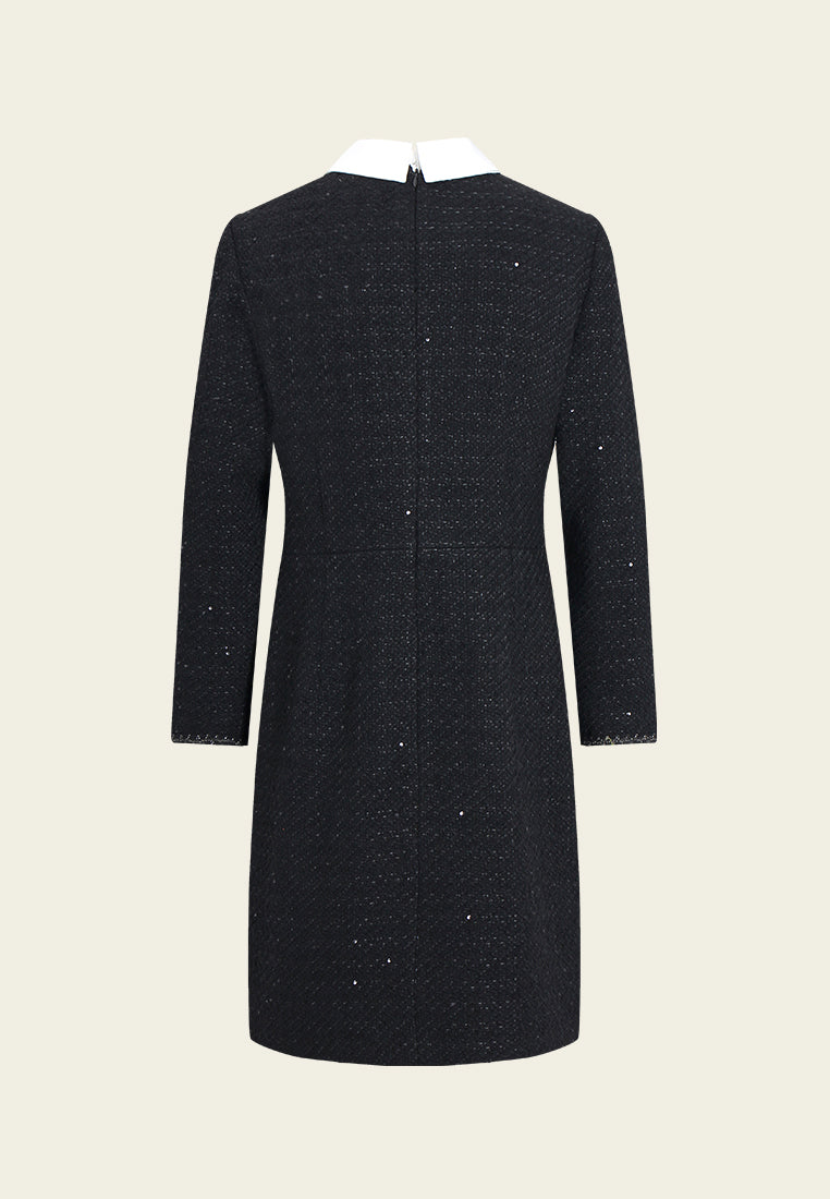 Contrast Collar Button Tweed Dress