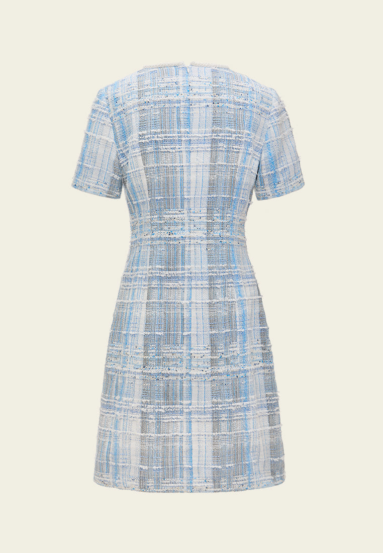 Beaded-Trim Stripped Mix Tweed Dress