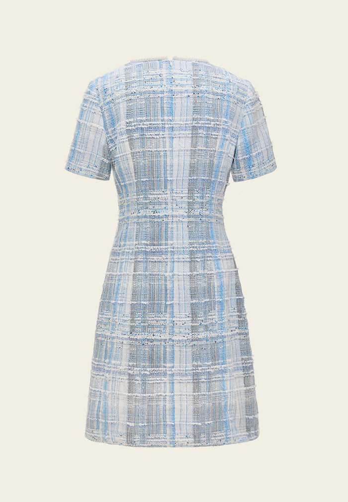 Beaded-Trim Stripped Mix Tweed Dress