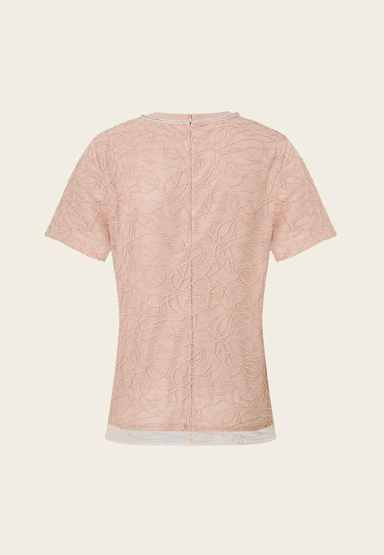 Floral-embroidery Ribbed Crew-neck Mesh T-shirt