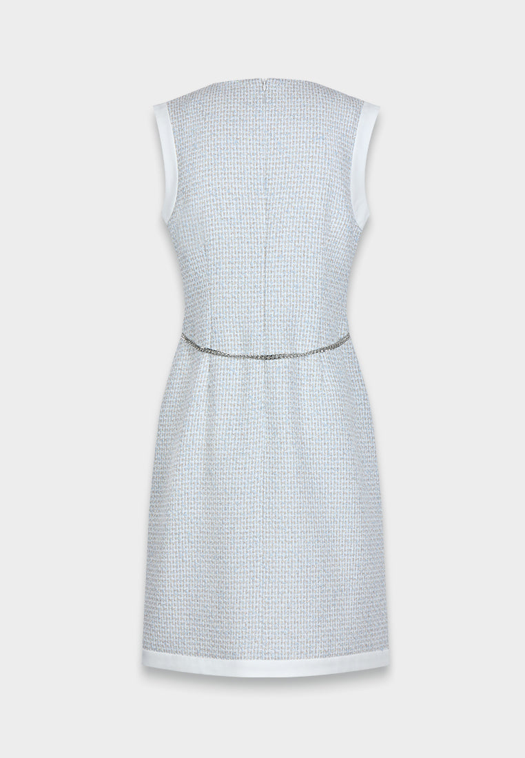 Azure Bloom Chain-Belt Tweed Dress