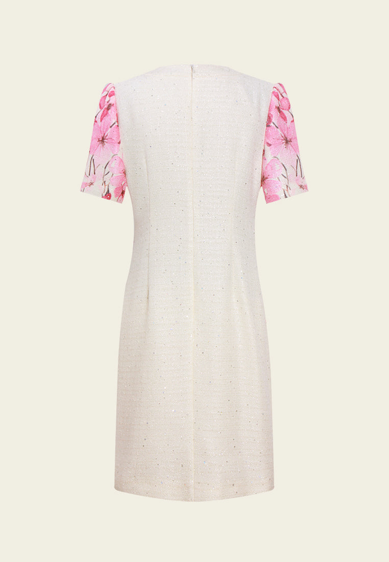 Flower-Motif Embellished Tweed Dress
