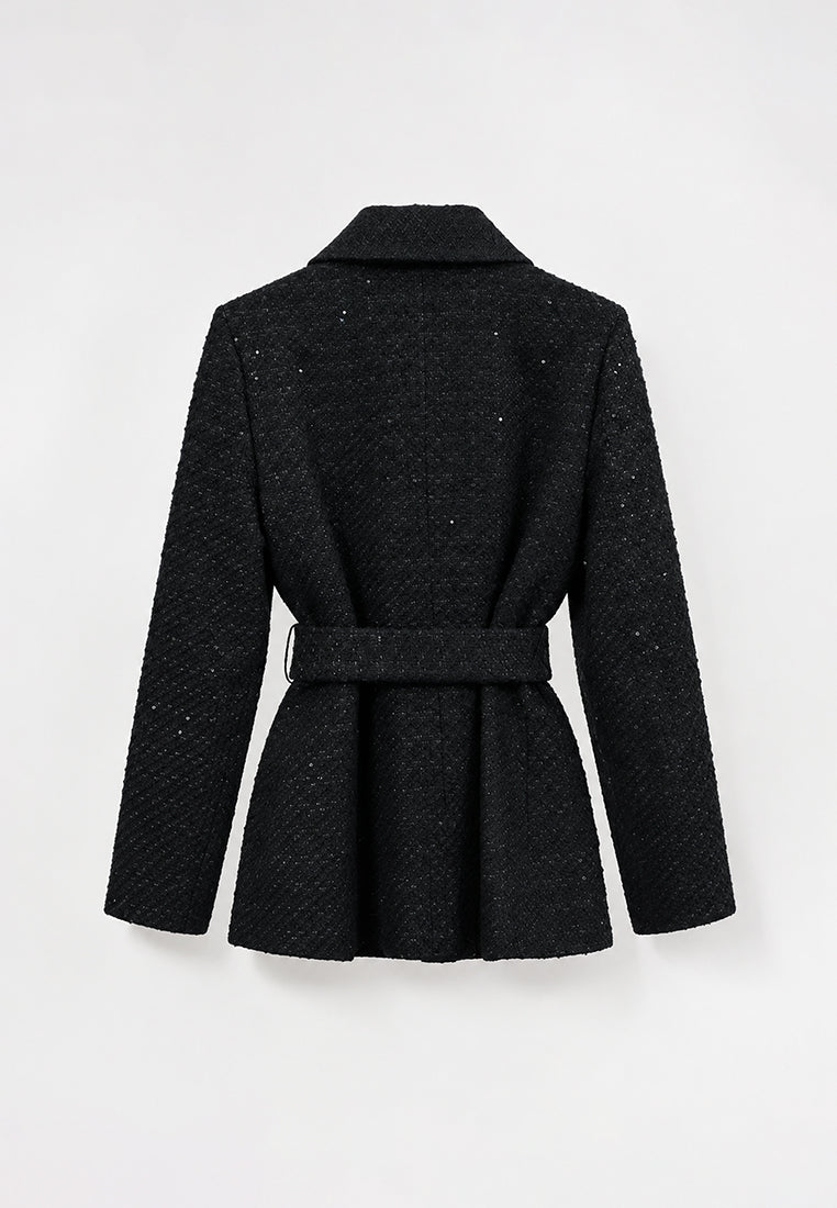 Noir Tweed Boutons Couleur Belted Jacket