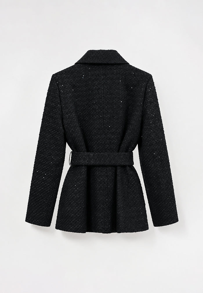 Noir Tweed Boutons Couleur Belted Jacket