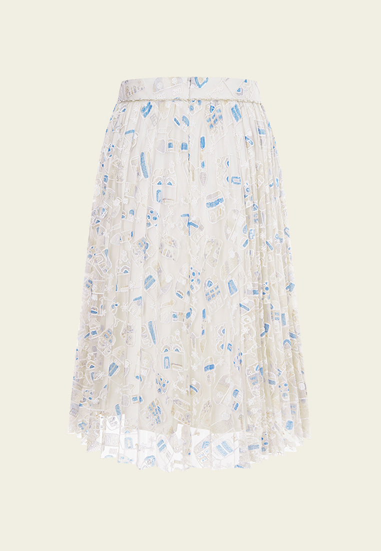 Beige Dreamy Embroiederd Pleated Midi Skirt