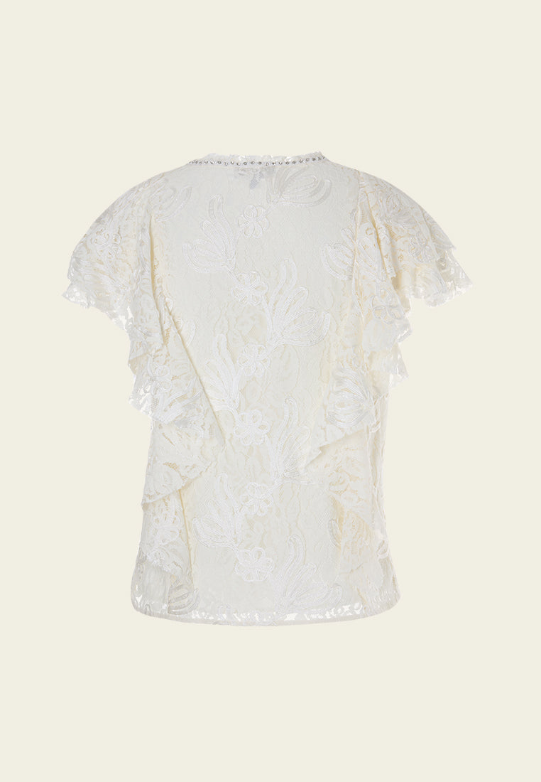 Tie-neck Embellished Cap-sleeve Lace Top