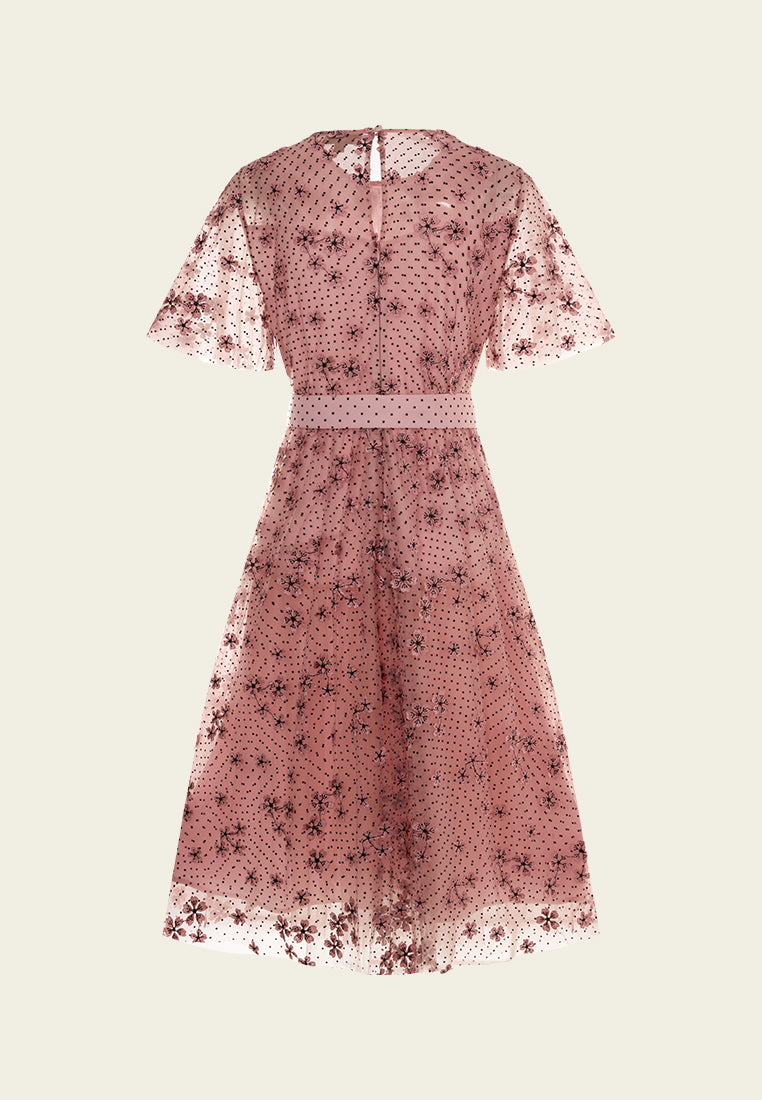 Dot Mesh Sakura-appliqué Tie-belt Dress