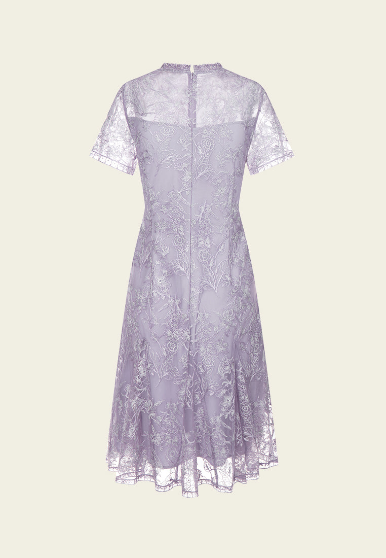 Lilac Ruffle-collar Embroidered Mesh Lace Dress