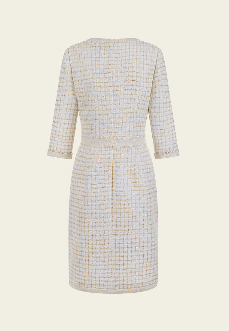 Lurex-checked Pearl-trim V-neck Dress