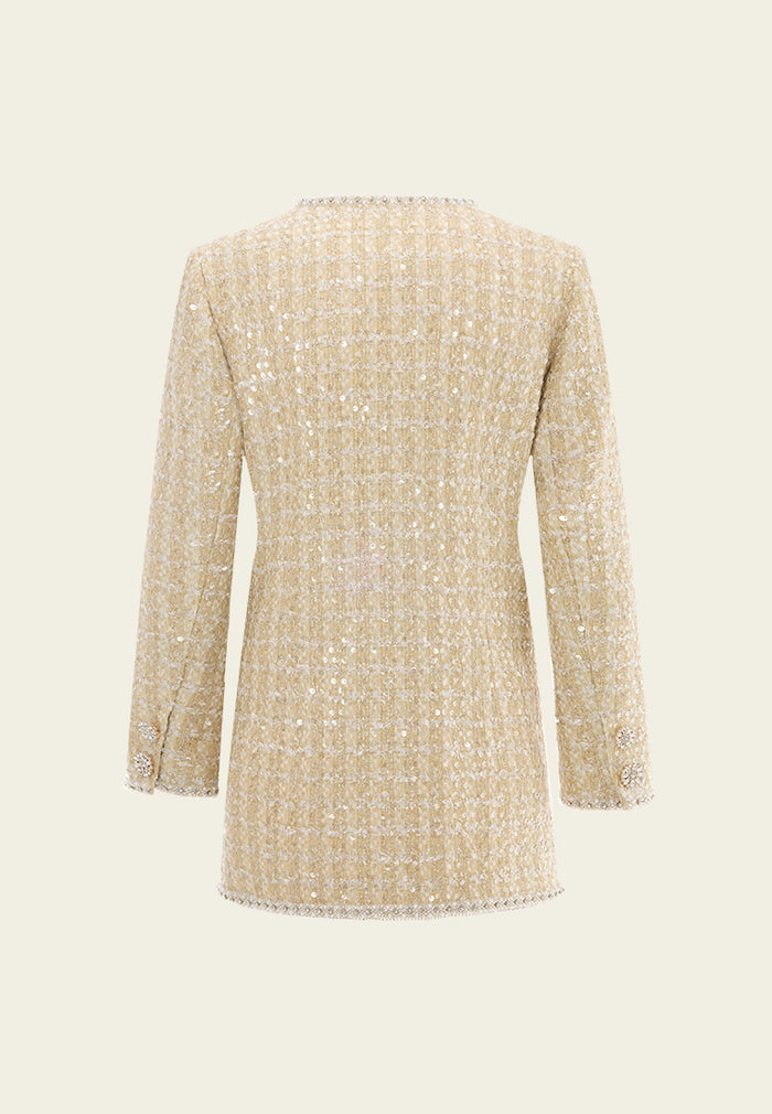 Lurex Checked Tweed Embellished Long Jacket