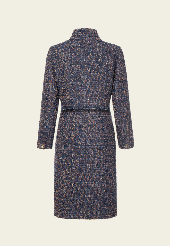 Mixed Tweed Embellished-trim Stand Collar Dress