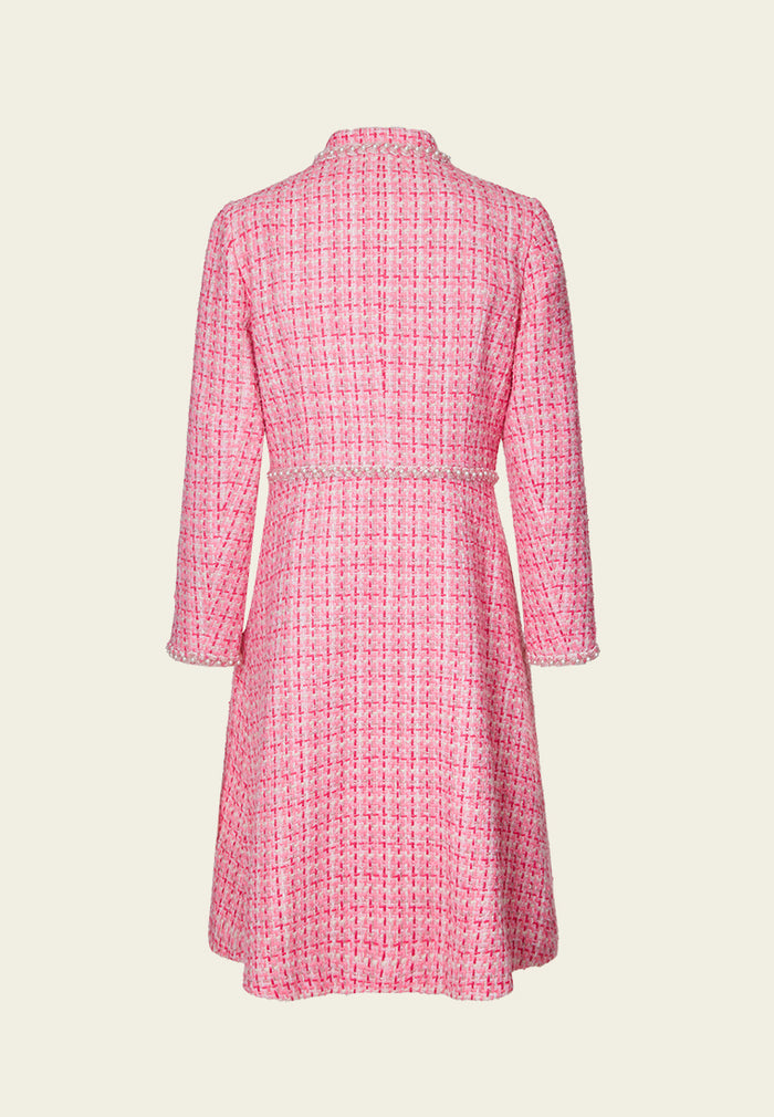 Stand-collar Patch-pocket Embellished-trim Checked Dress