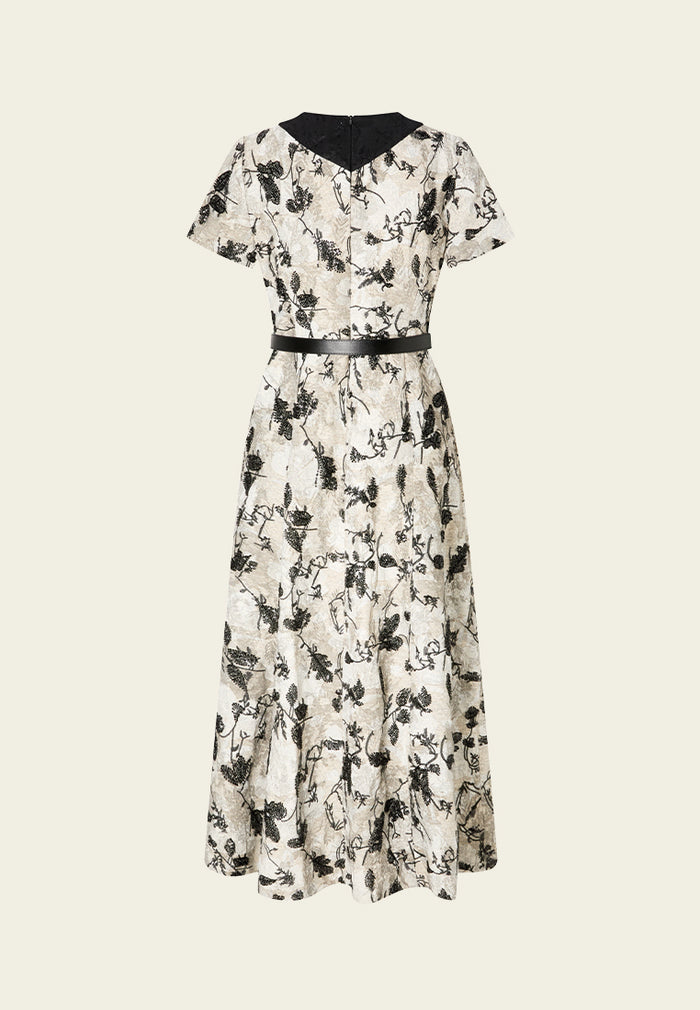 Belted Jacquard Contrasting-lapel Embellished Dress