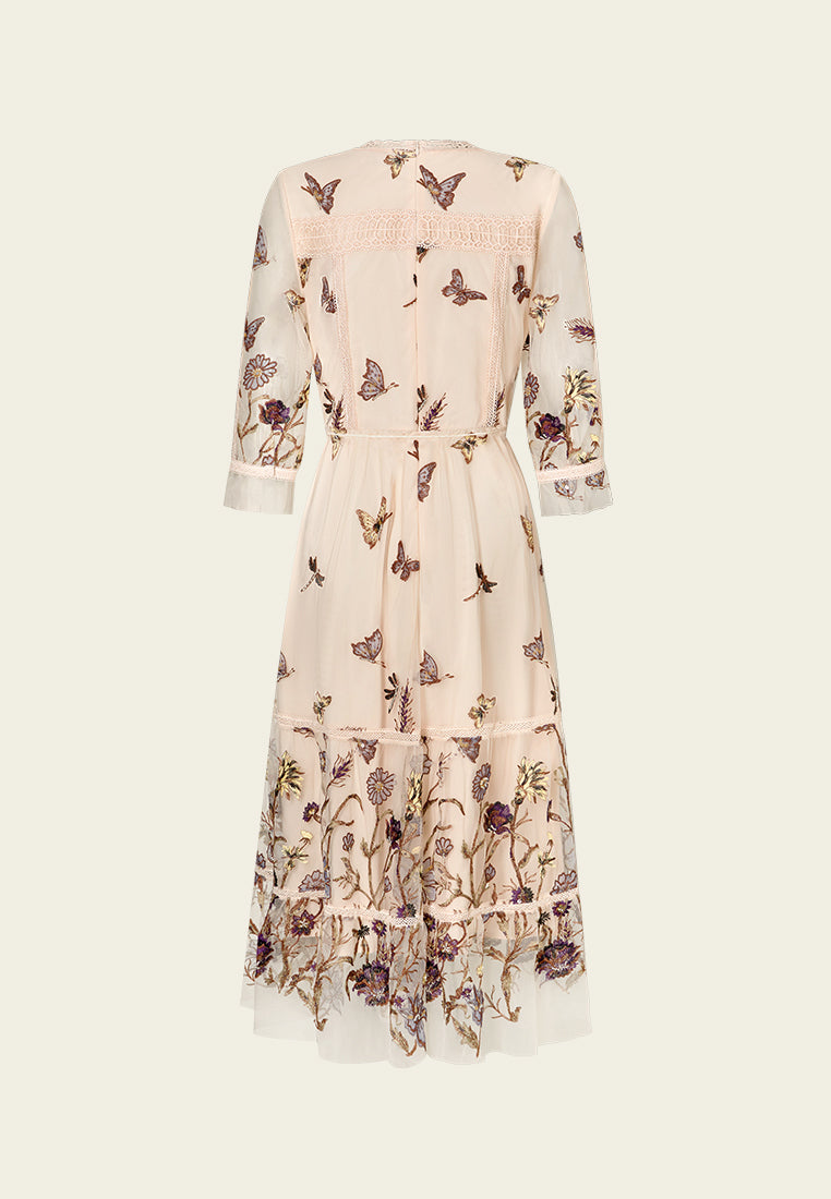 Lace-trim Embroidered Mesh Dress
