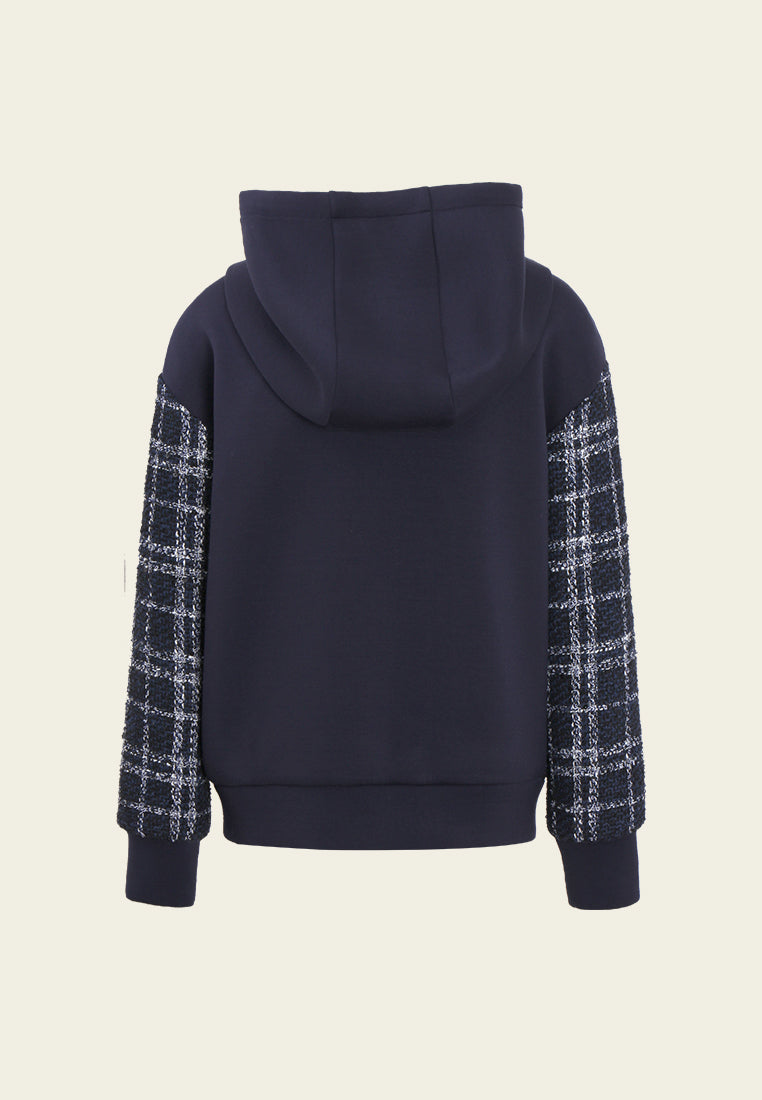 Pearl Embellished Plaid Hooded Jacket