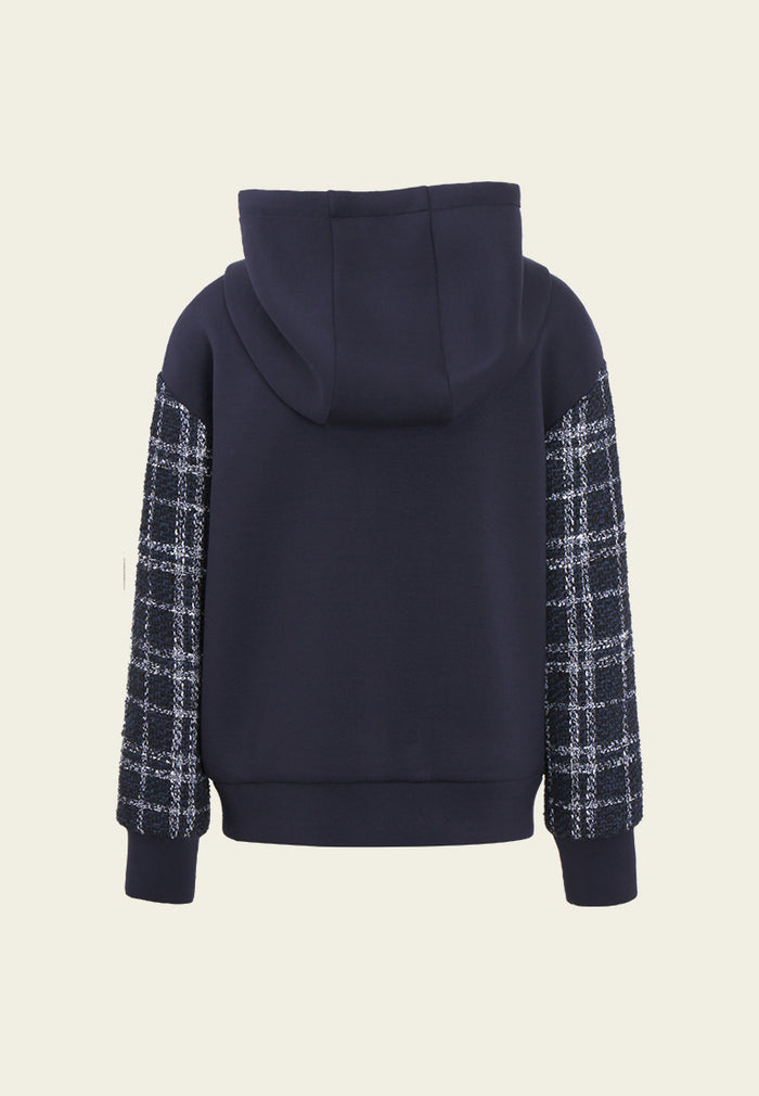 Pearl Embellished Plaid Hooded Jacket