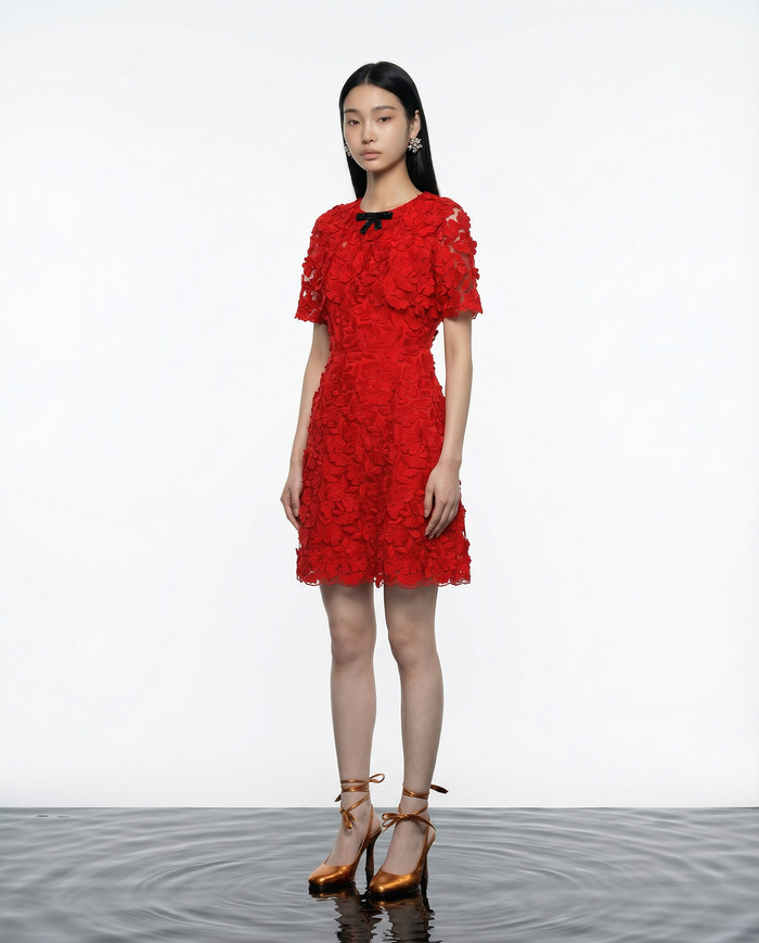 Scarlet Bloom Appliqué Dress