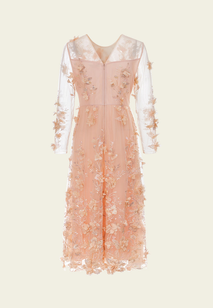 Pop-up Flowers Bead and Sequin Detail Embroidered Mesh Dress