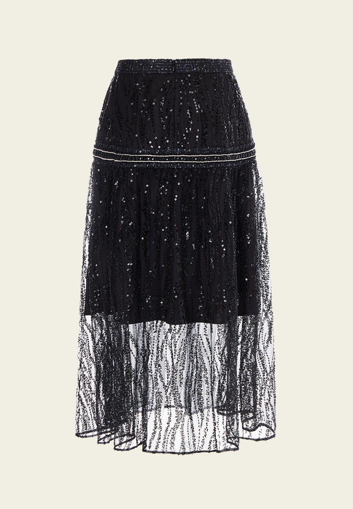 Black Sequin Mesh Midi Skirt