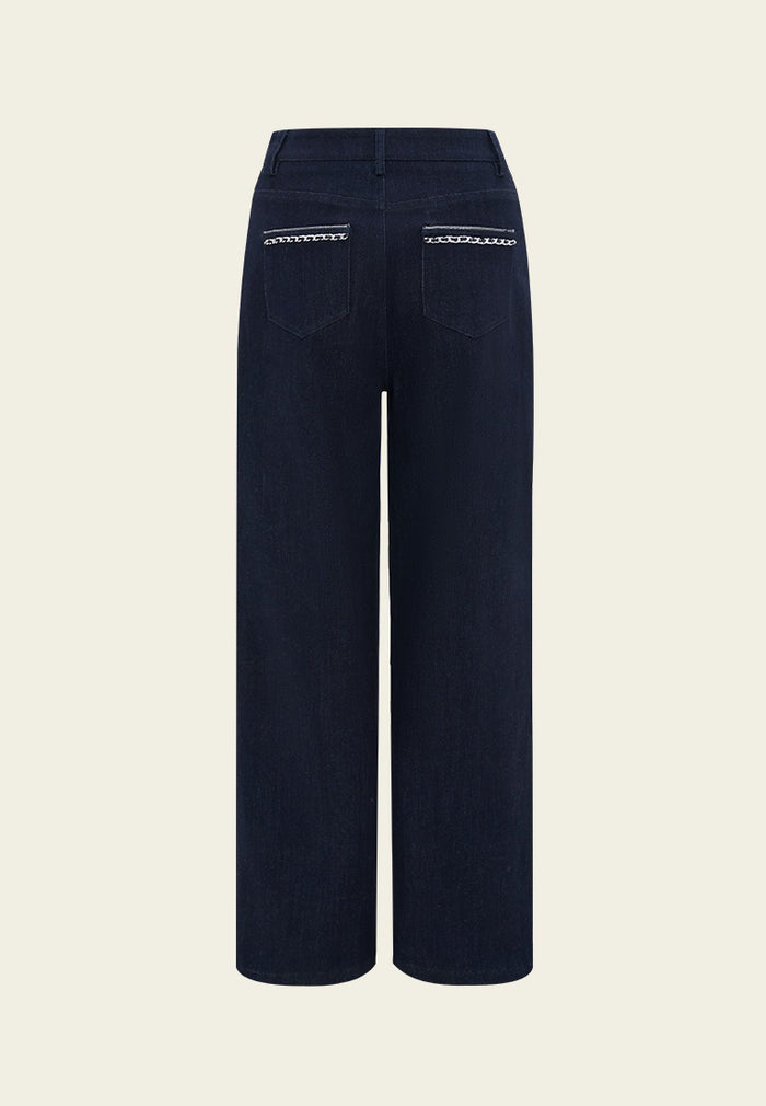 Floral-embroidery Exposed-seam Straight-leg Jeans