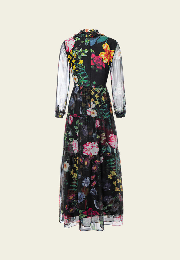 Ruffle-collar Floral-print Chiffon Dress