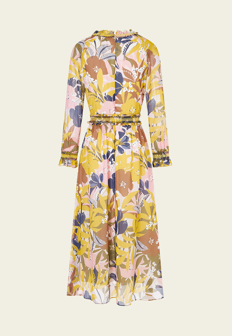 Yellow Floral Print Chiffon Maxi Dress