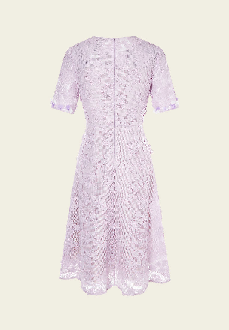 Lilac Round Neck Lace Midi Dress