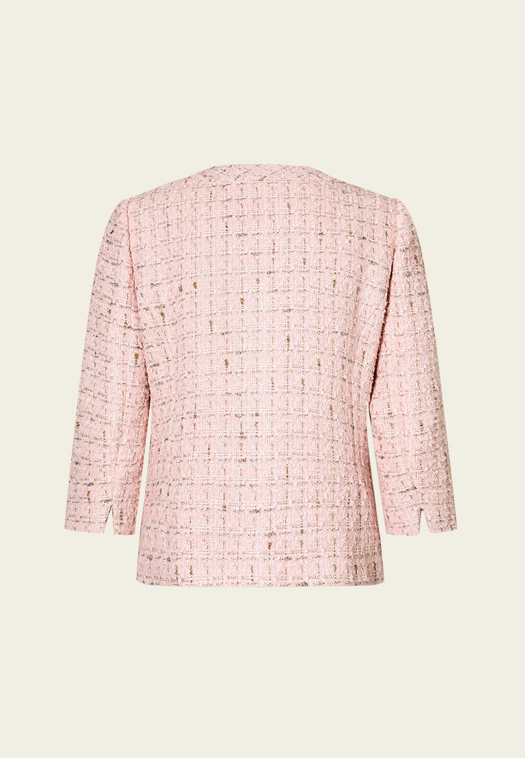 Three-quarter Sleeves Checked Pocketed Tweed Jacket
