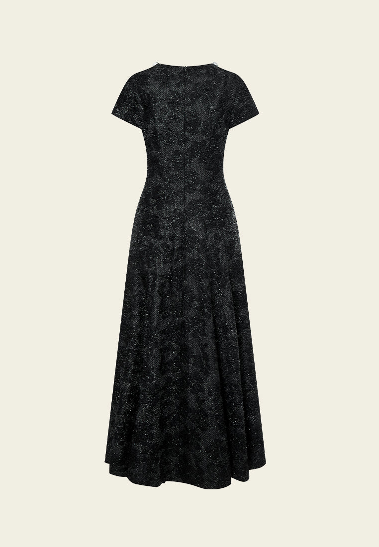 V-neck Frayed Lurex-detail Maxi Length Dress