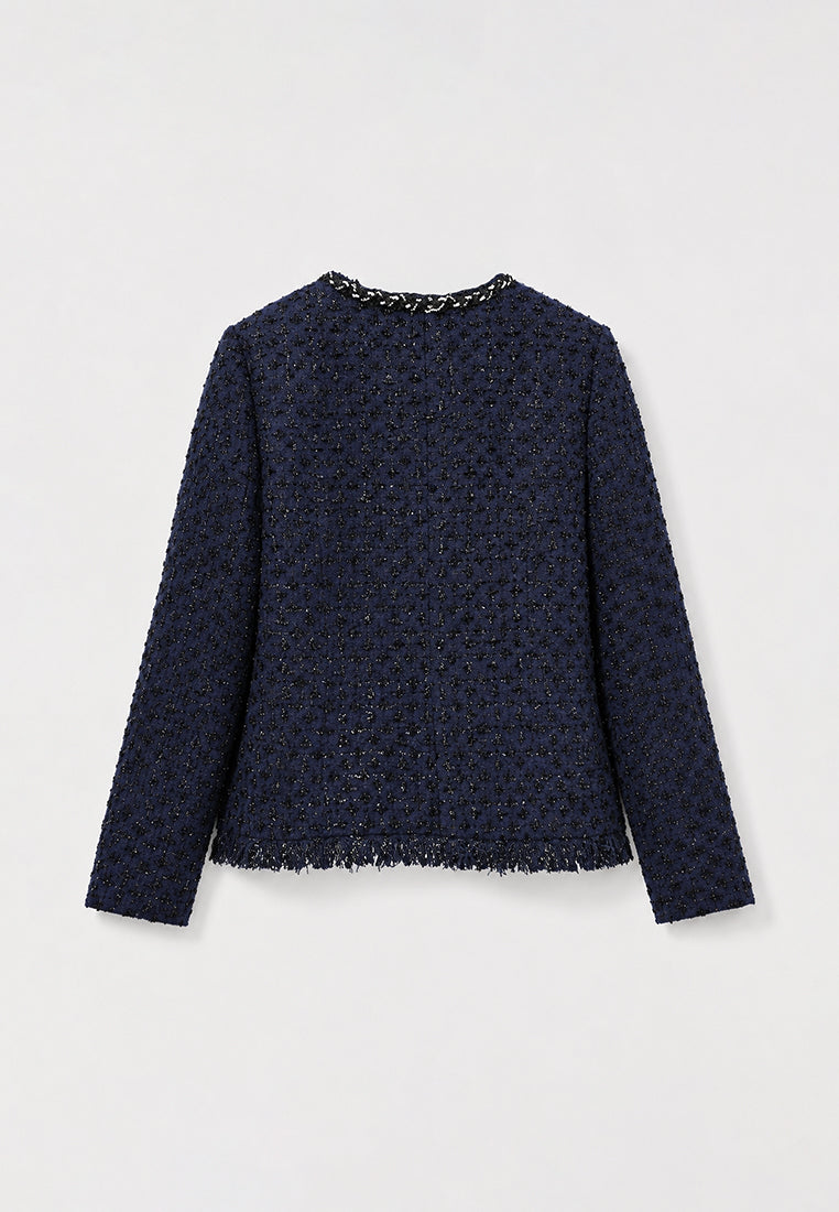Bleu Tweed Tresse Frangée Jacket
