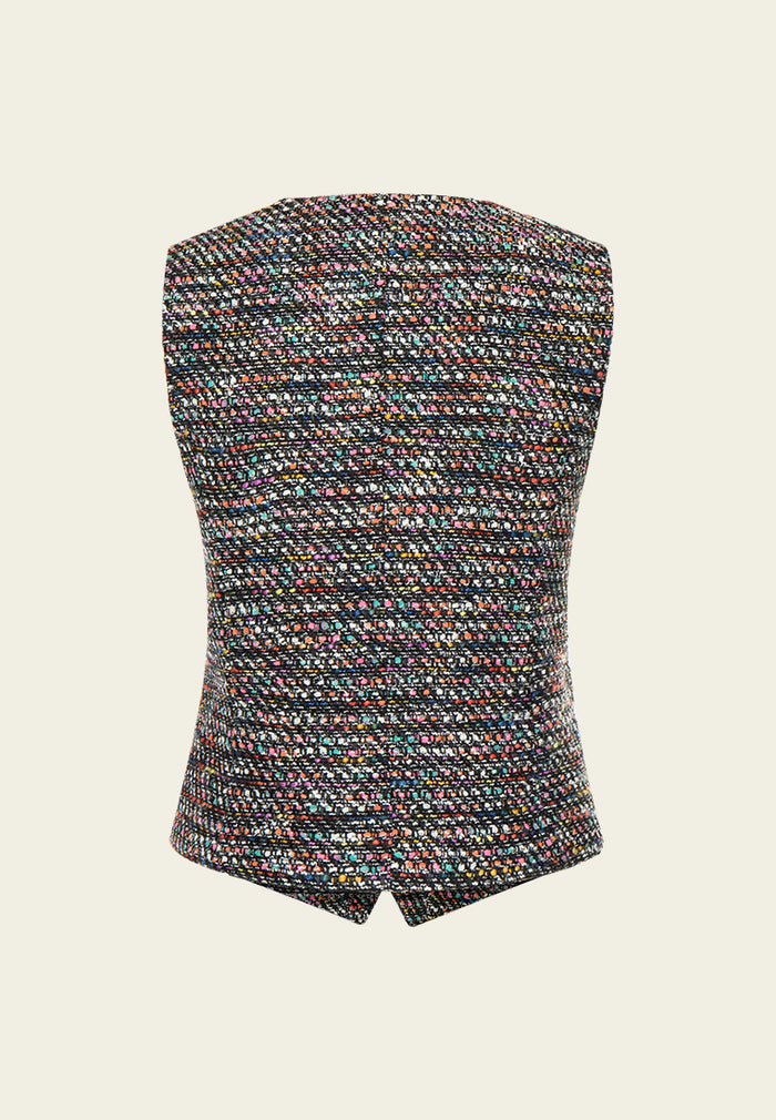 Mixed tweed Hollow-carved Crystal Button Metalic-trim Waistcoat