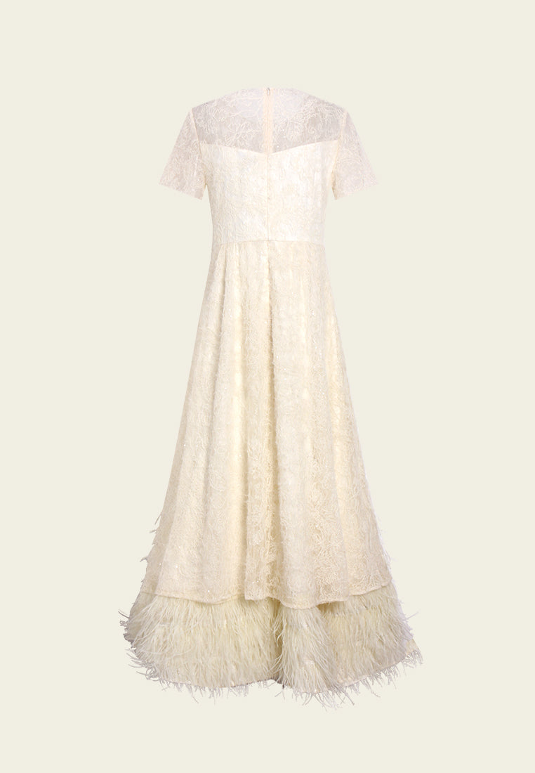 Feather-hem Embellished Lace Dress